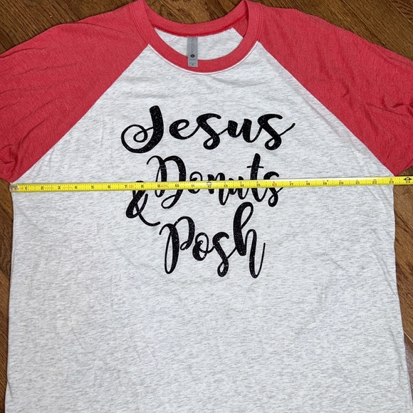 JESUS POSH & DONUTS HEATHER GRAY WITH RED SLEEVES RAGLAN TEE SHIRT TOP SPARKLE - Picture 6 of 9